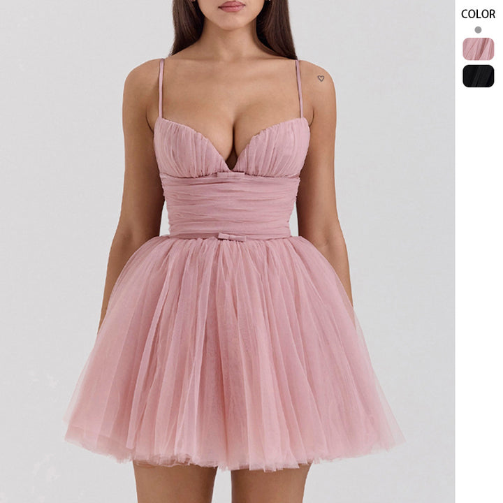 Women's tulle cocktail dress with deep V-neck and gathered bodice Lisslune