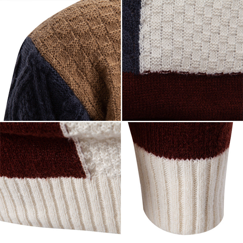 Men's fashionable chunky knit sweater with high collar and textured color block design Lisslune