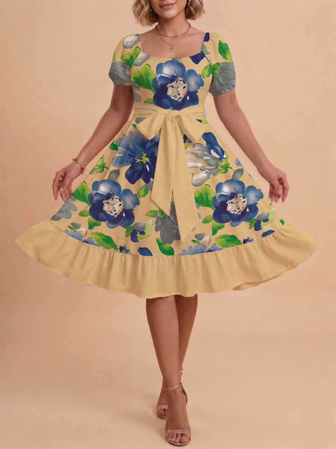 Women's floral dress with adjustable belt and voluminous sleeves Lisslune