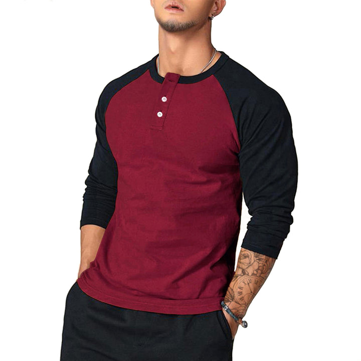 Men's Long Sleeve Henley Shirt with Contrast Sleeves Lisslune