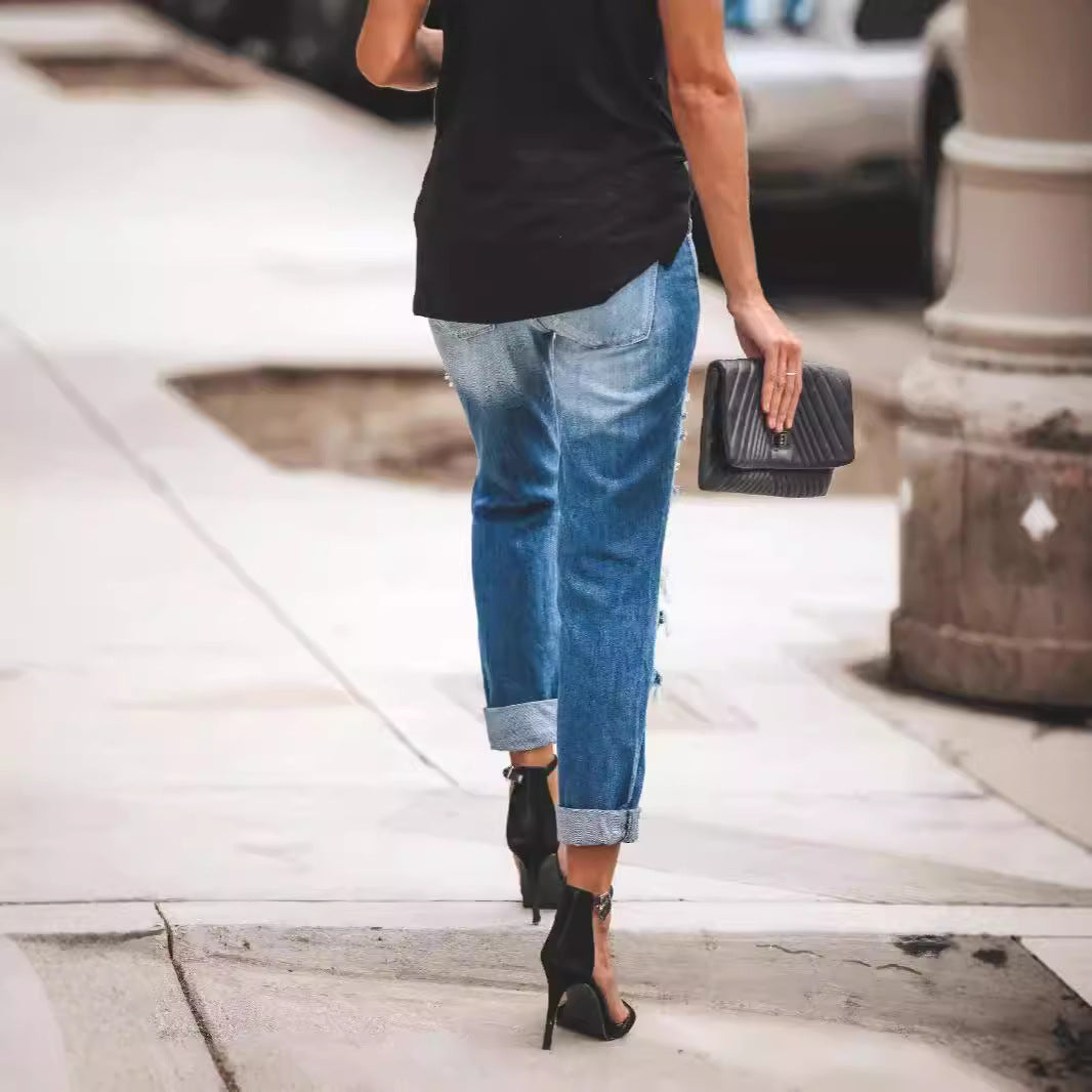 Women Destroyed Boyfriend Jeans in casual style with high tear details Lisslune