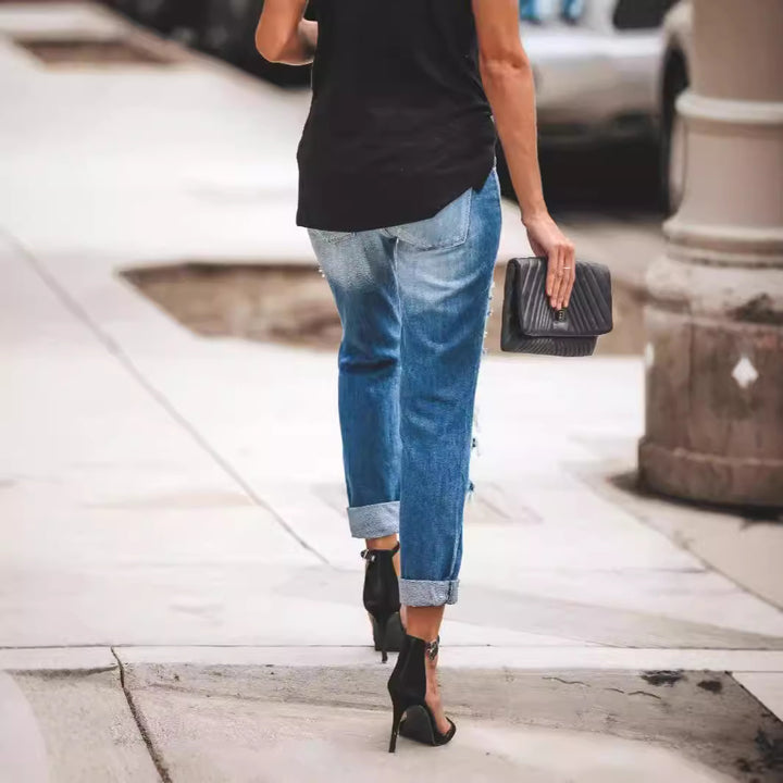 Women Destroyed Boyfriend Jeans in casual style with high tear details Lisslune