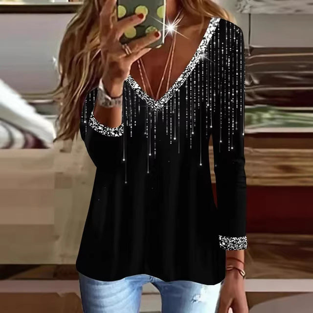 Ladies Glittering V-Neck Sweater with Elegant Rhinestone Details Lisslune