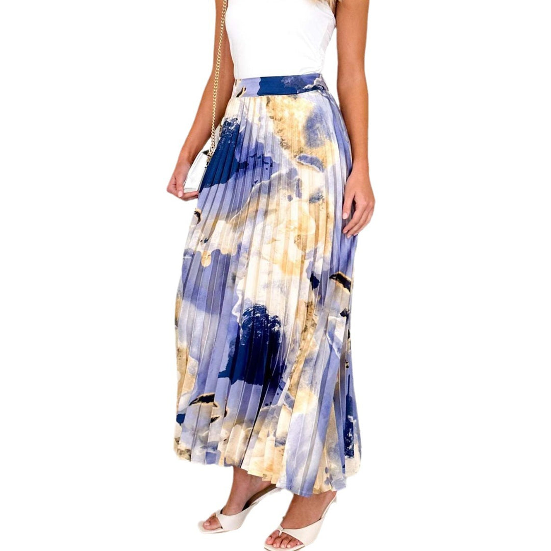 Ladies Elegant Pleated Skirt with Floral Design and Elastic Waistband Lisslune