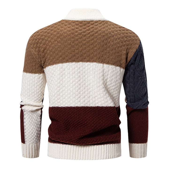 Men's fashionable chunky knit sweater with high collar and textured color block design Lisslune