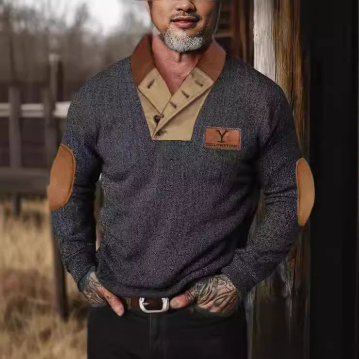 Men's stylish sweater with contrast collar and elbow patches Lisslune