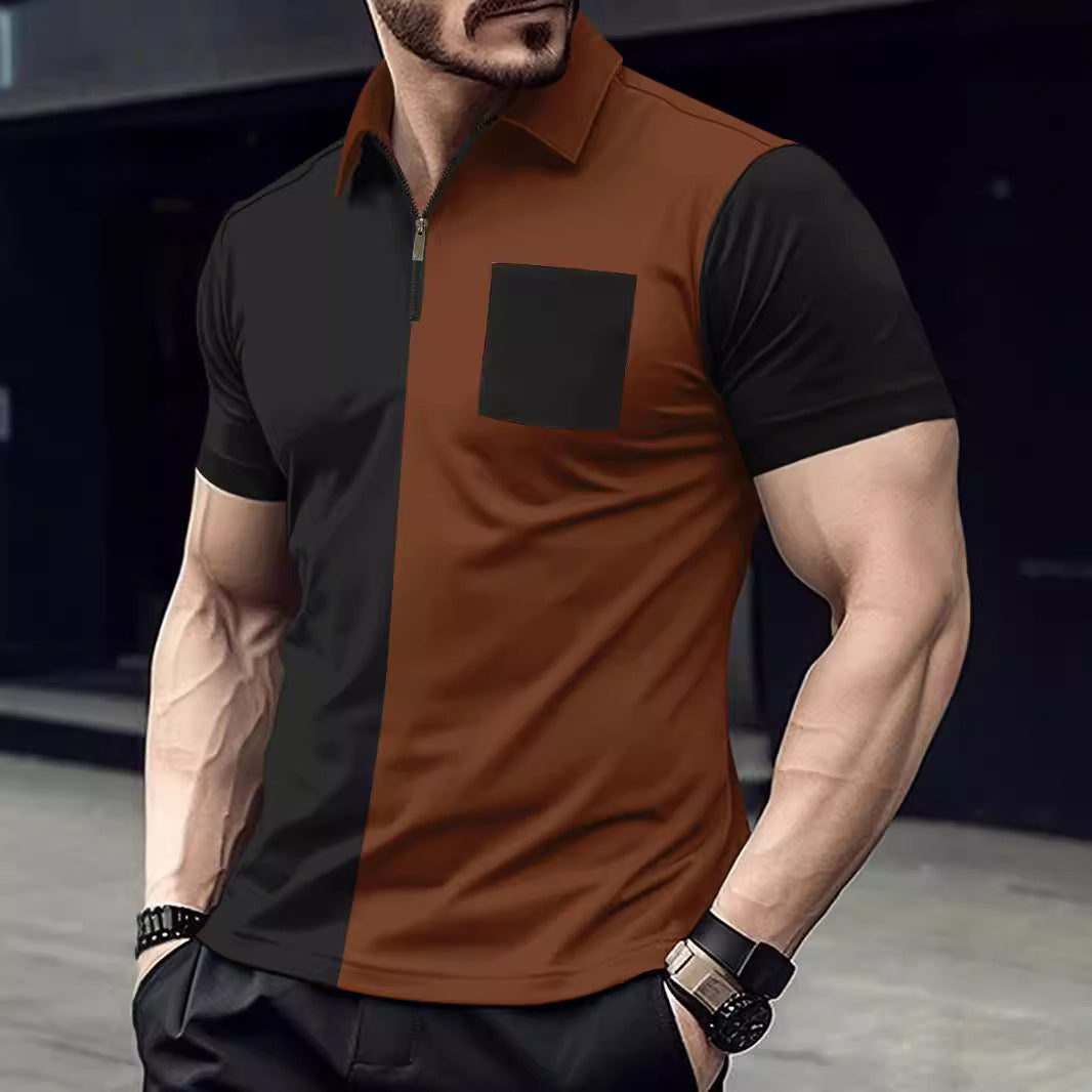 Men's modern short-sleeve shirt with zipper and contrasting color cuts Lisslune