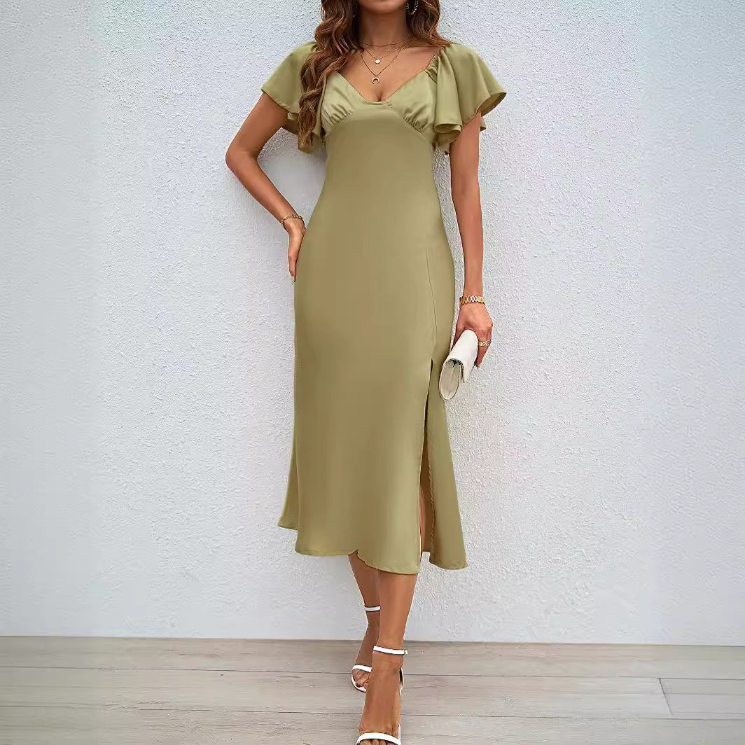 Women's midi dress with voluminous ruffle details and side slit Lisslune