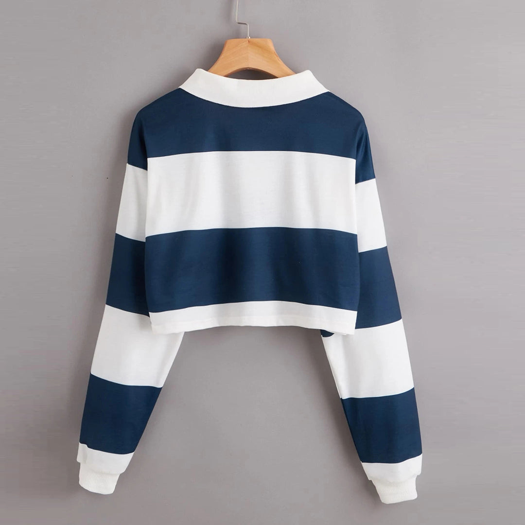 Women's Short Sleeve Polo Sweater with Colorful Stripes Lisslune