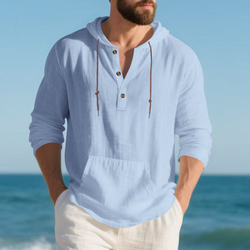 Men's casual hooded top with button placket and practical kangaroo pocket Lisslune