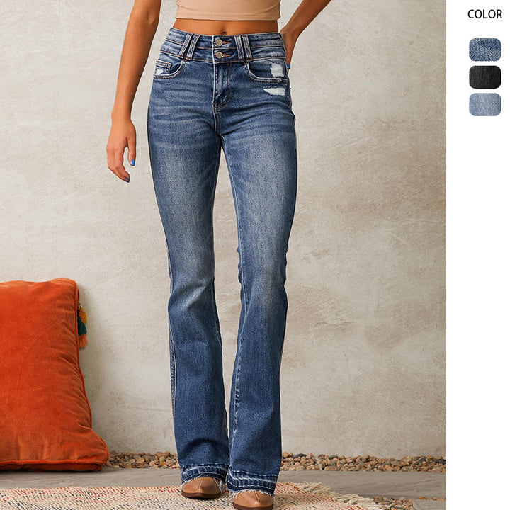 Women's Flared Jeans with High Waist and Fashionable Destroyed Effect Lisslune