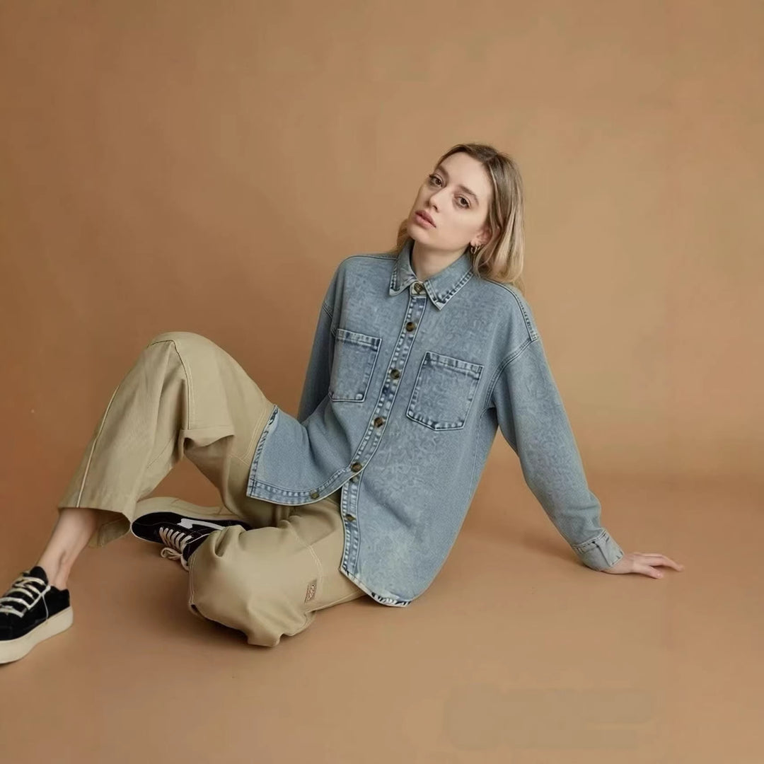 Women's Oversized Denim Shirt with Patch Pockets Lisslune
