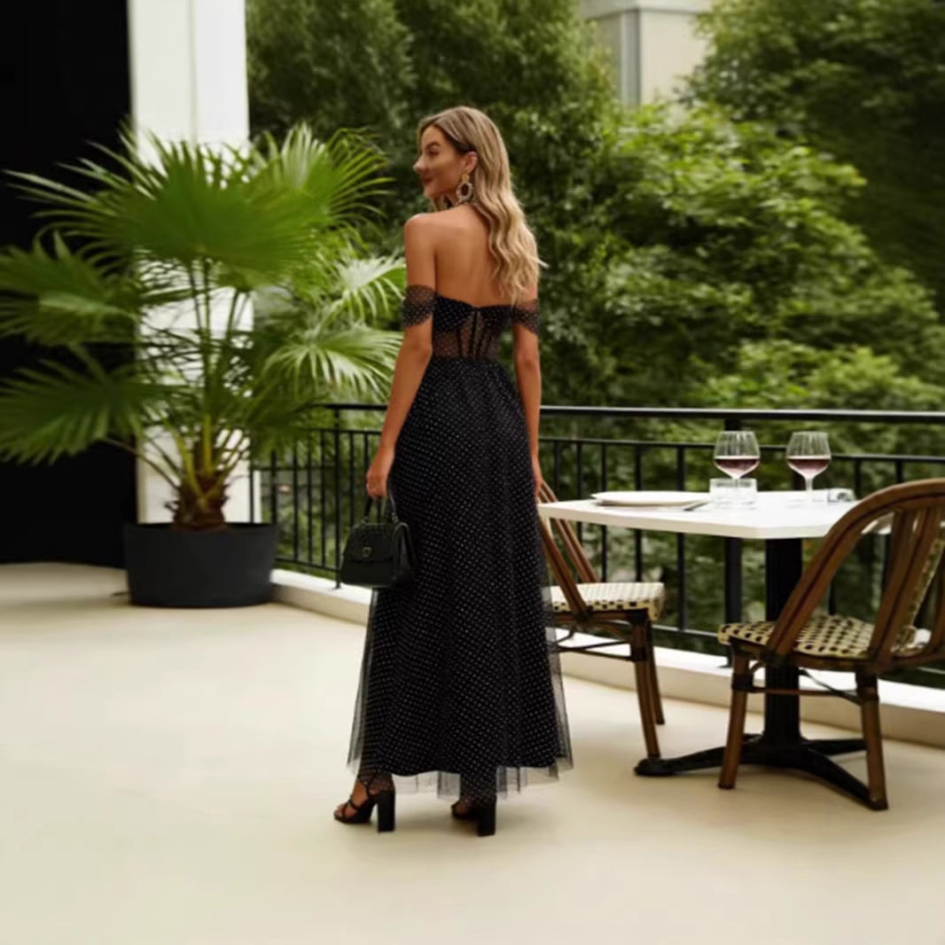 Women's Elegant Off-Shoulder Maxi Dress with Sheer Inserts and Polka Dot Pattern Lisslune