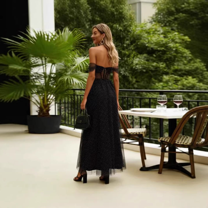 Women's Elegant Off-Shoulder Maxi Dress with Sheer Inserts and Polka Dot Pattern Lisslune