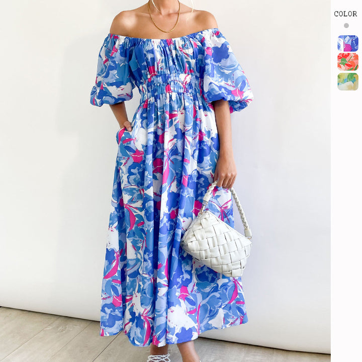 Women's Off-Shoulder Maxi Dress with Floral Patterns and Elastic Waist Lisslune