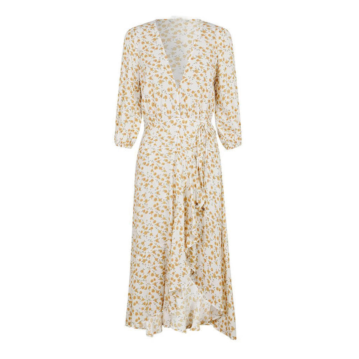 Women’s wrap dress with flowing skirt and V-neck