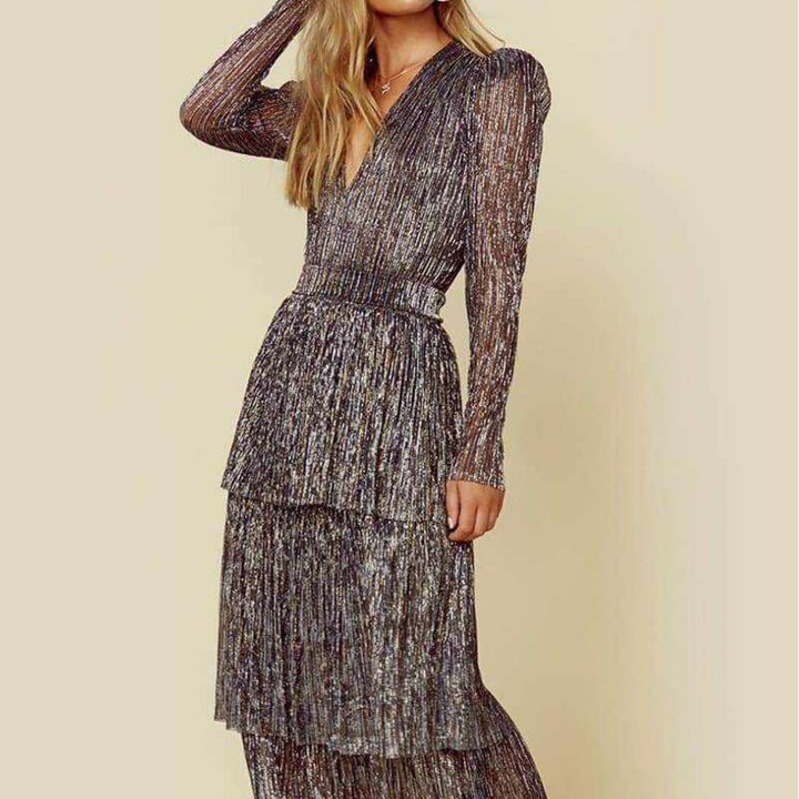 Women's Glamorous Evening Dress with Shimmering Layers and V-Neck