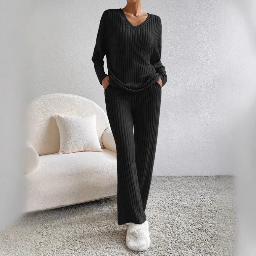 Women Comfortable Fine Knit Set with V-Neck and Long Sleeves Lisslune