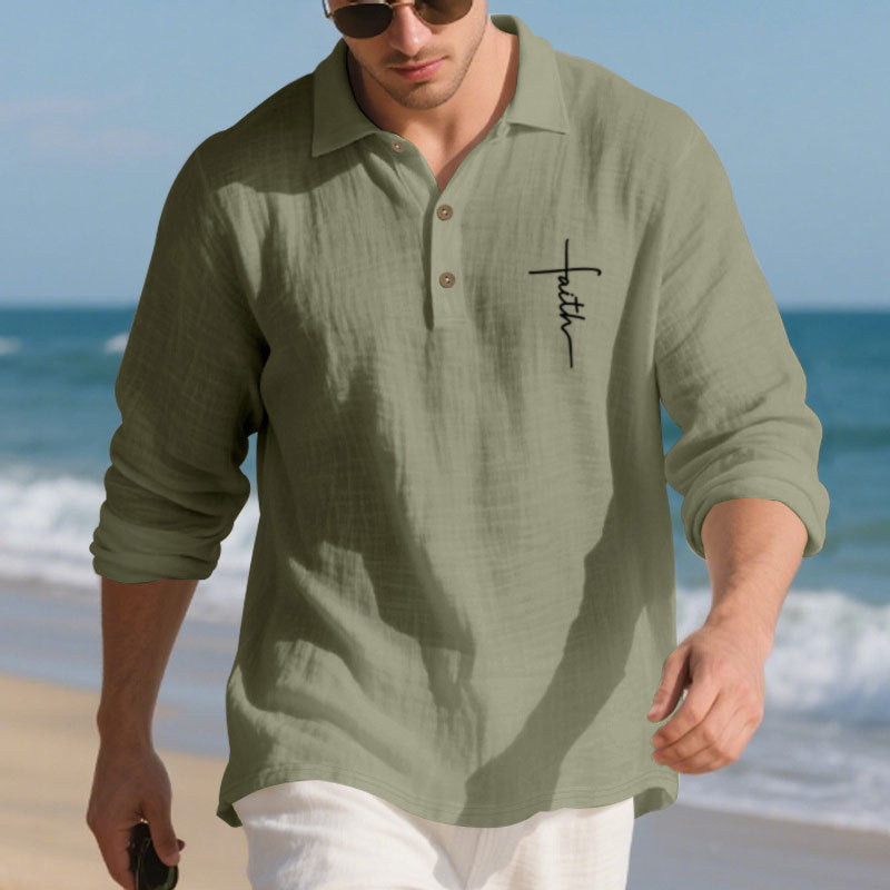 Men's long-sleeve polo shirt with textured fabric and stylish button placket Lisslune