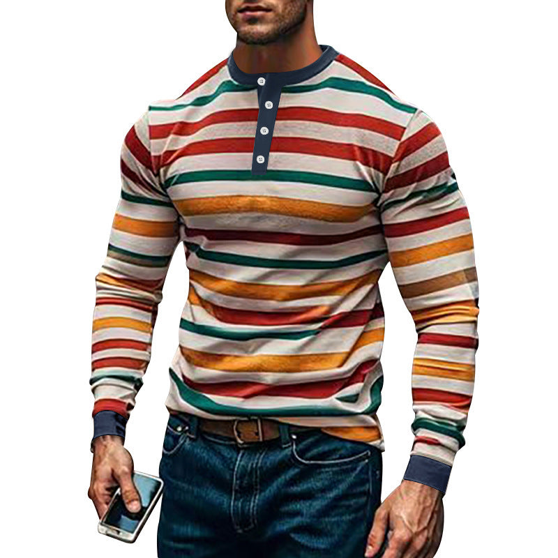 Men's Long Sleeve Shirt with Textured Striped Pattern and Sporty Collar Lisslune