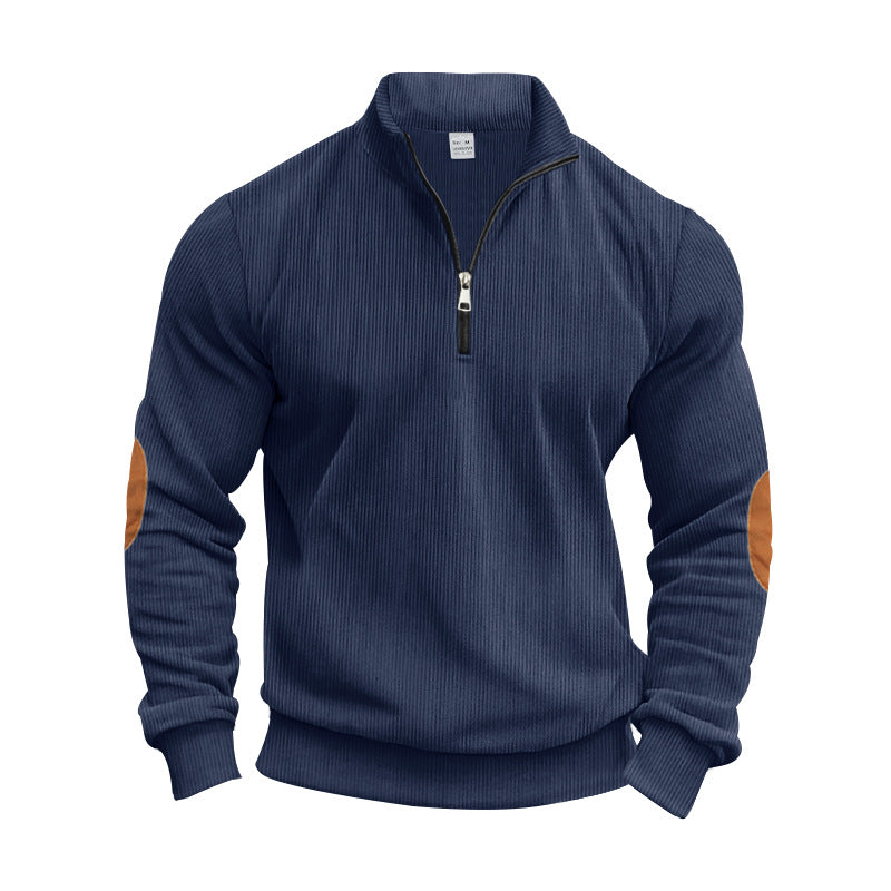 Men's Stand Collar Sweater with Zipper and Fashionable Elbow Patches Lisslune