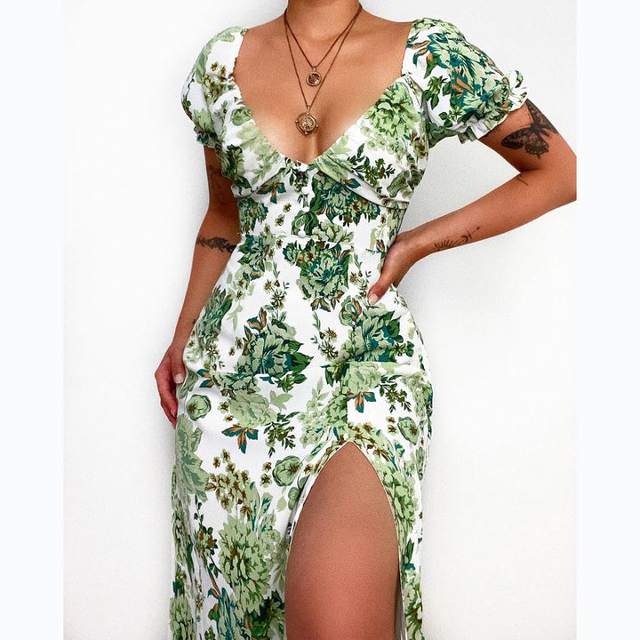 Women's floral pattern maxi dress with deep neckline and tailored fit Lune London
