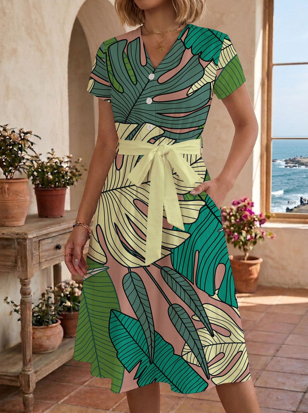 Women's casual maxi dress with adjustable knot and decorative check pattern Lisslune