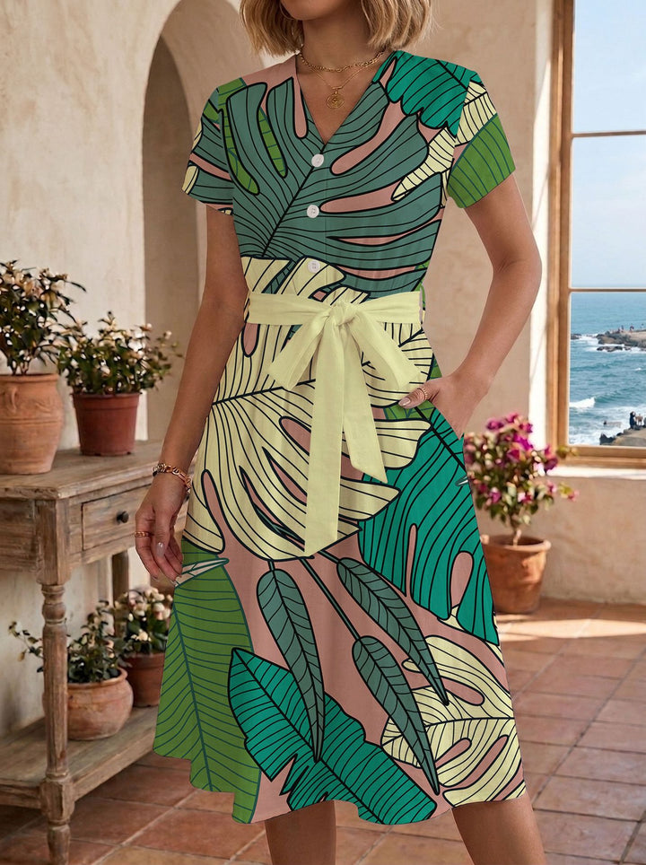 Women's casual maxi dress with adjustable knot and decorative check pattern Lisslune