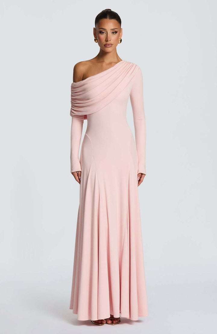 Women Elegant Long Sleeve Maxi Dress with Asymmetrical Draping Detail Lisslune