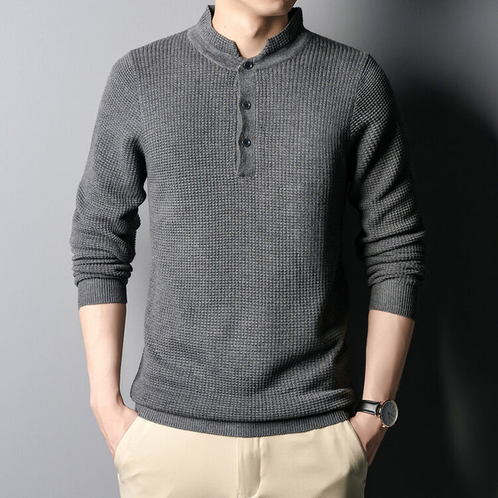Men's Structured Long Sleeve Sweater with Button Placket Lisslune