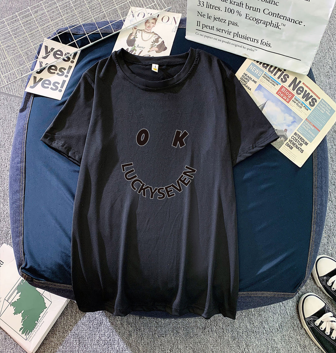 Women's fashionable t-shirt with casual smiley print and high-quality cotton quality Lisslune