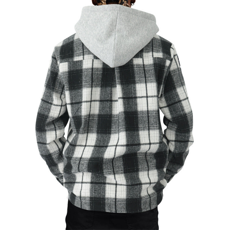 Men's Checked Flannel Jacket with Hoodie and Two Chest Pockets Lisslune