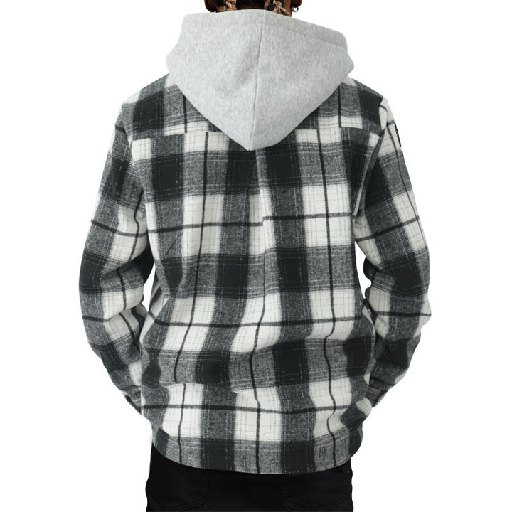 Men's Checked Flannel Jacket with Hoodie and Two Chest Pockets Lisslune