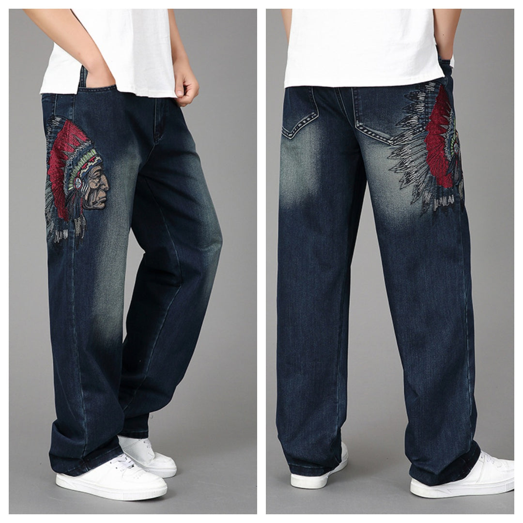 Men's Wide Denim Jeans with Artistic Embroidery Lisslune