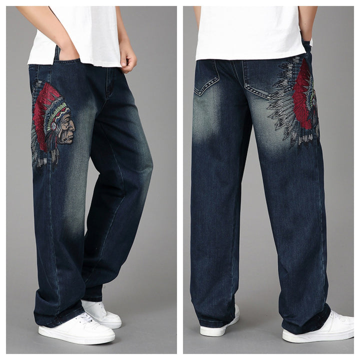 Men's Wide Denim Jeans with Artistic Embroidery Lisslune