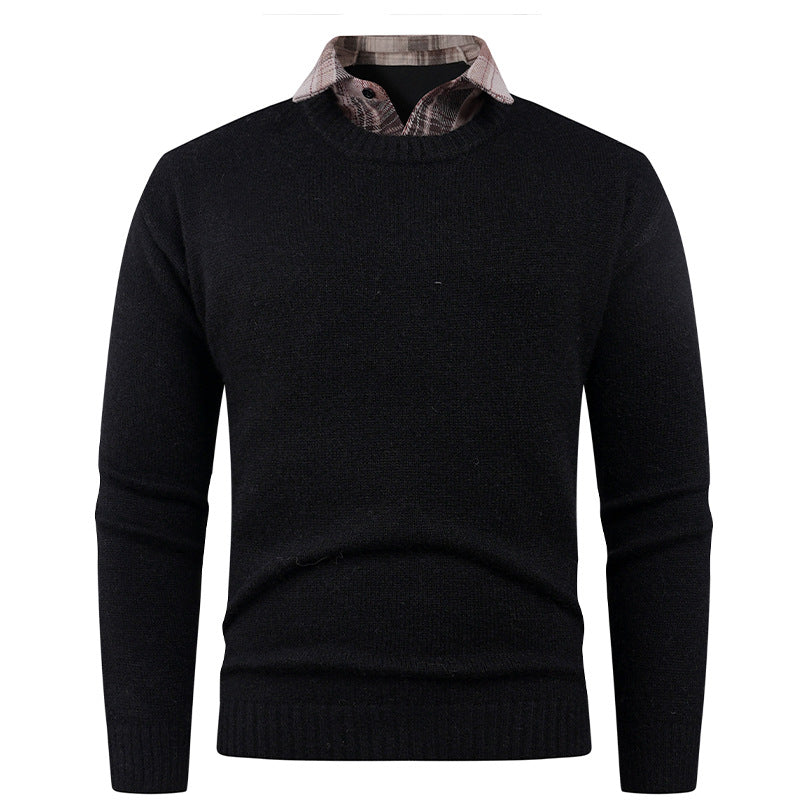 Men's Fine Crew Neck Sweater with Integrated Shirt Collar Lisslune