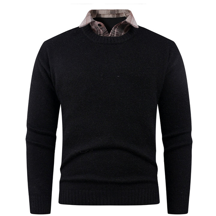 Men's Fine Crew Neck Sweater with Integrated Shirt Collar Lisslune
