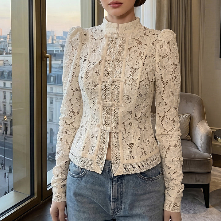 Women's lace blouse with structured details and elegant stand-up collar Lisslune