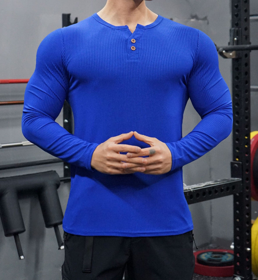 Men's Long Sleeve Henley Shirt with Textured Rib Design Lisslune