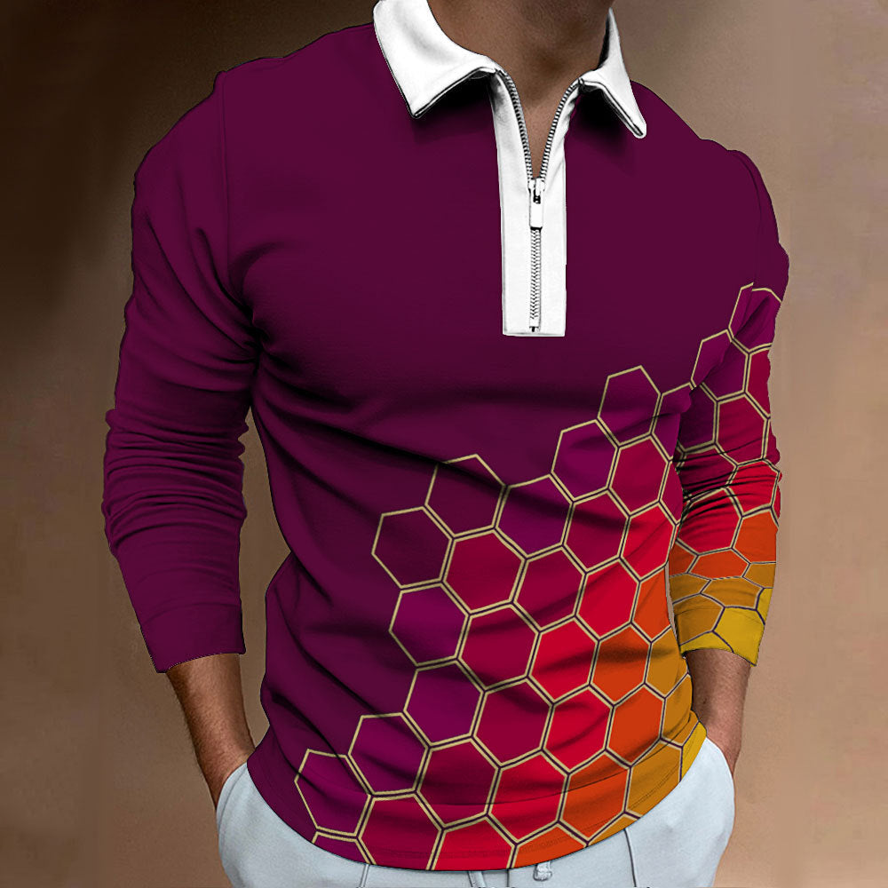 Men's polo shirt with modern honeycomb pattern and contrasting zipper Lisslune