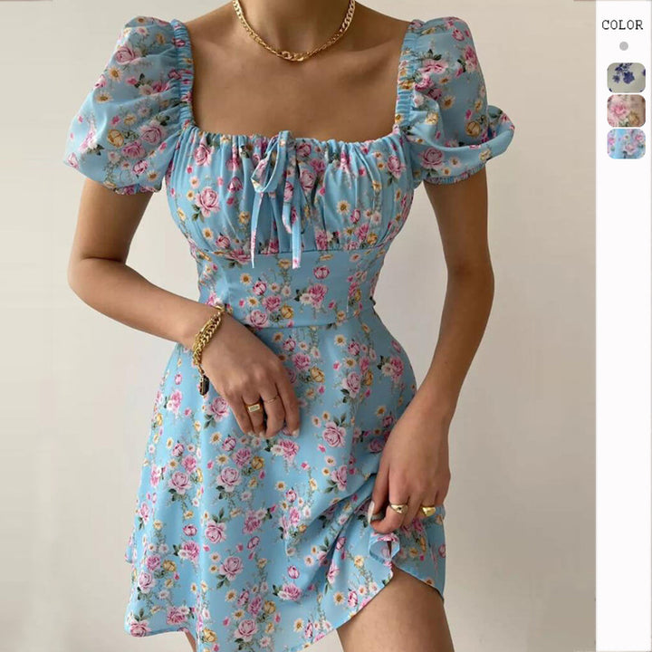 Ladies mini dress with voluminous puff sleeves and floral pattern Lisslune