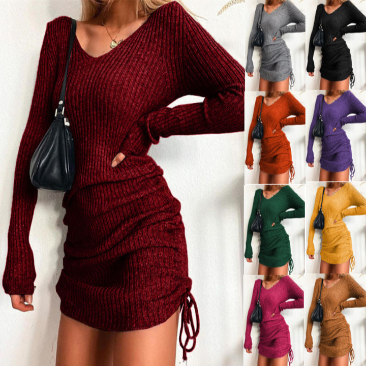 Damen Strick Mini-Kleid mit Raffung und V-Ausschnitt Lisslune