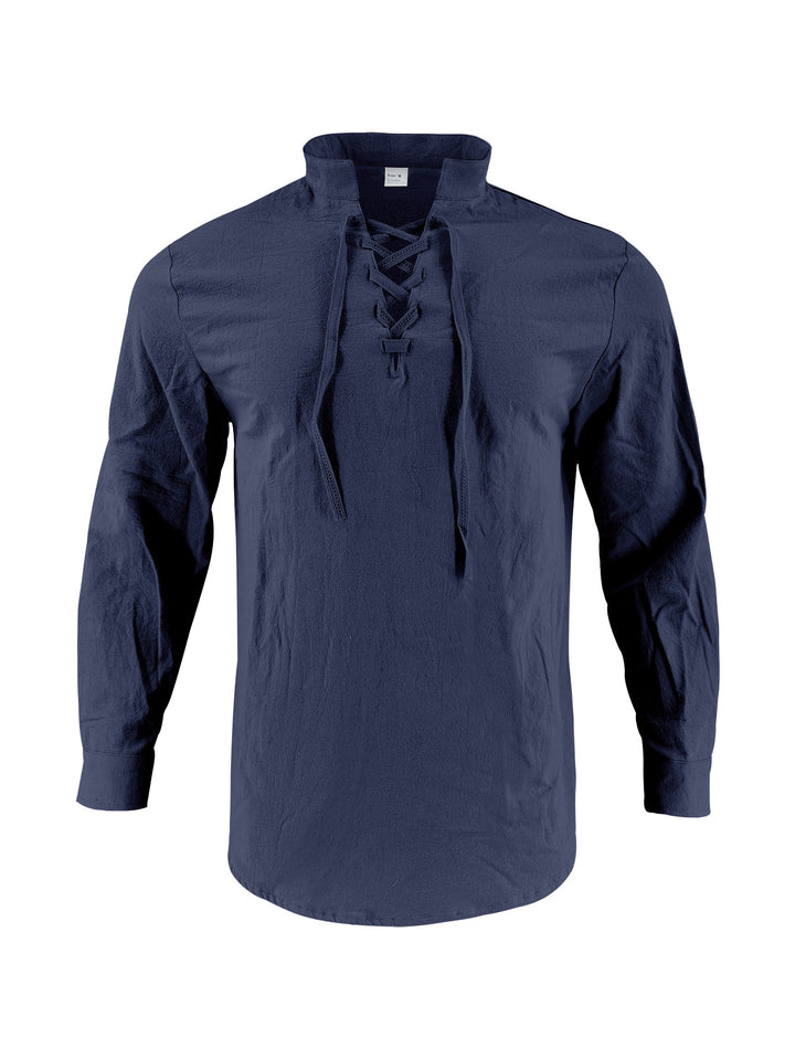 Men's long-sleeved shirt with trendy lacing and stand-up collar Lisslune