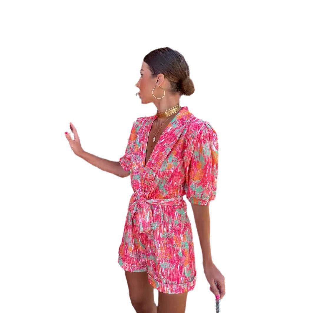 Women Elegant Jumpsuit with Deep V-Neck and Buttonable Belt Lisslune