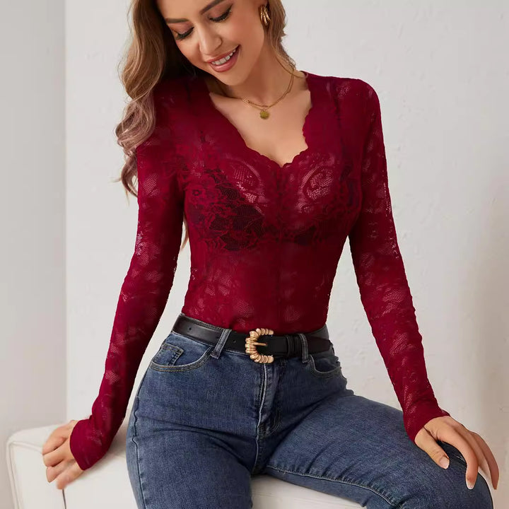 Women Elegant Lace Blouse with V-Neck and Long Sleeves Lisslune