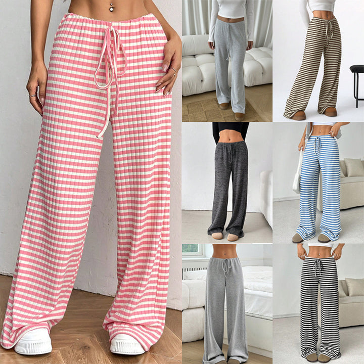 Women’s Casual Wide-Cut Striped Trousers with Elastic Waist Lisslune