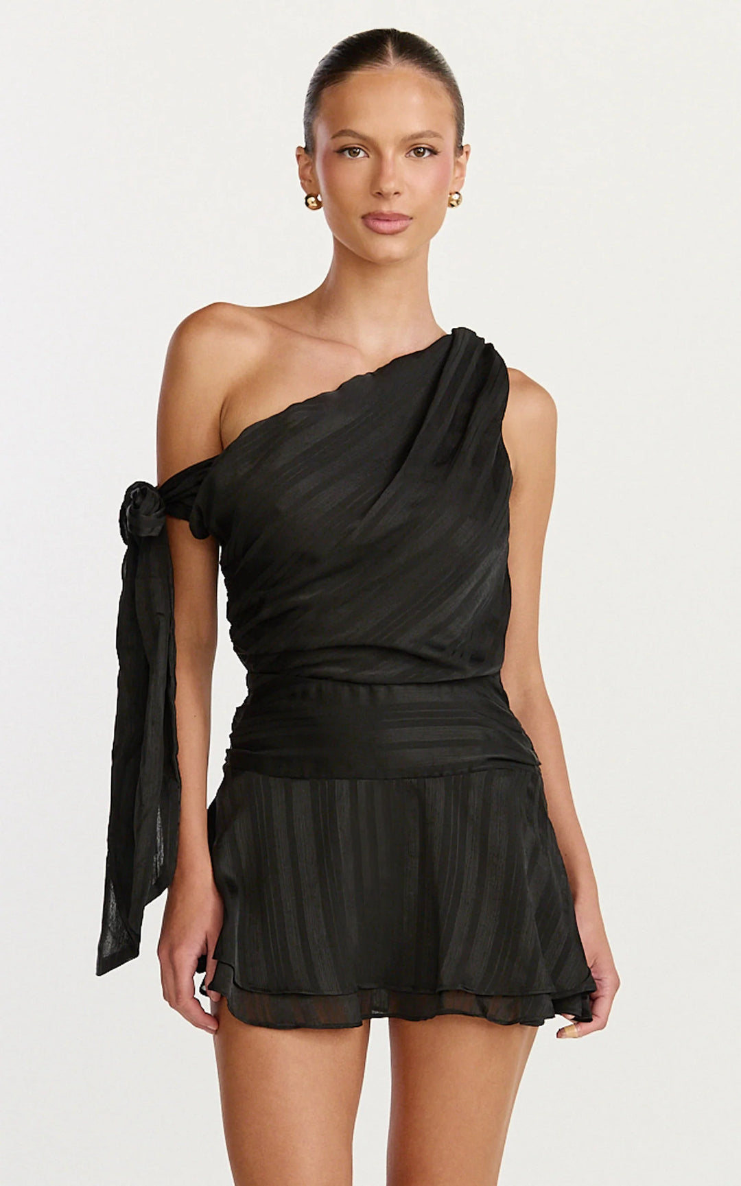 Women asymmetrical mini dress with elegant draping and side tie Lisslune