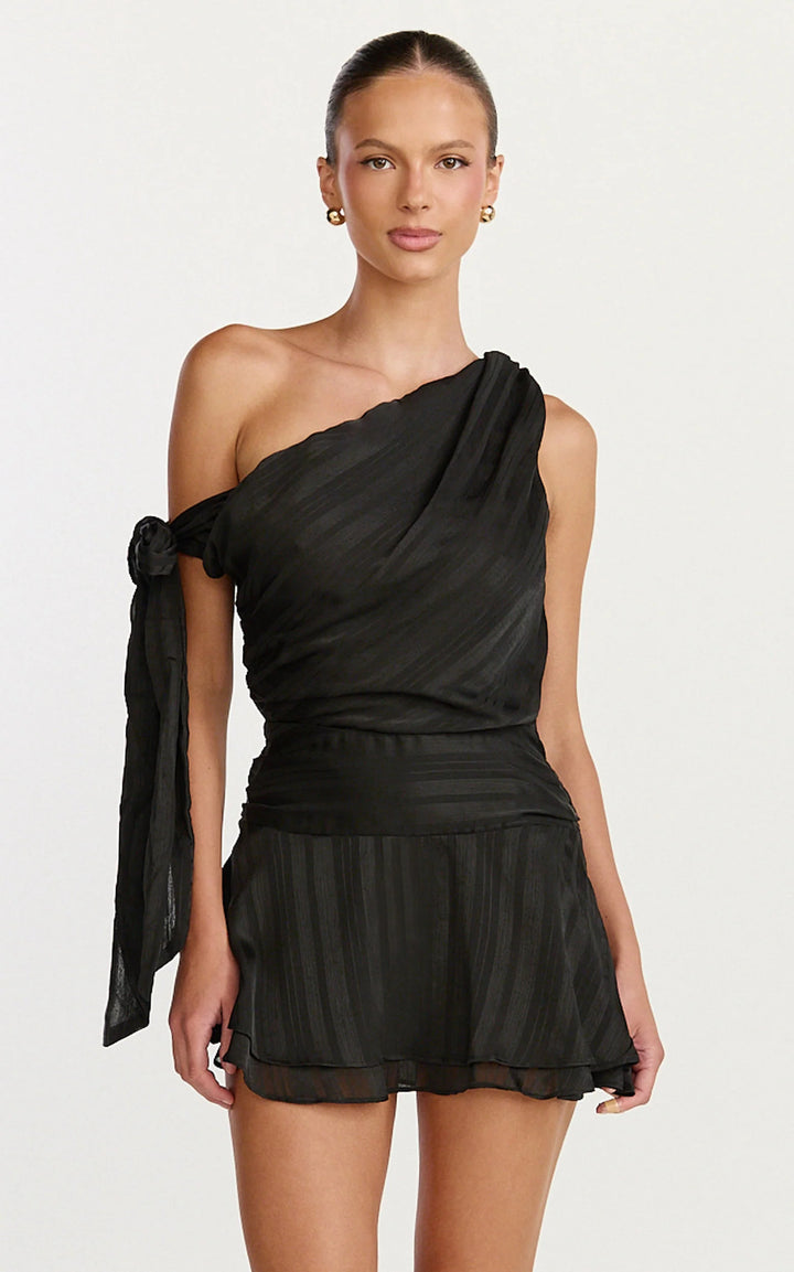 Women asymmetrical mini dress with elegant draping and side tie Lisslune