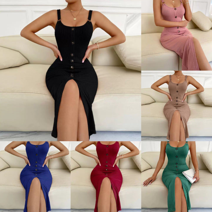 Damen knielanges figurbetontes Kleid mit Knopfleiste und Spaltung Lisslune