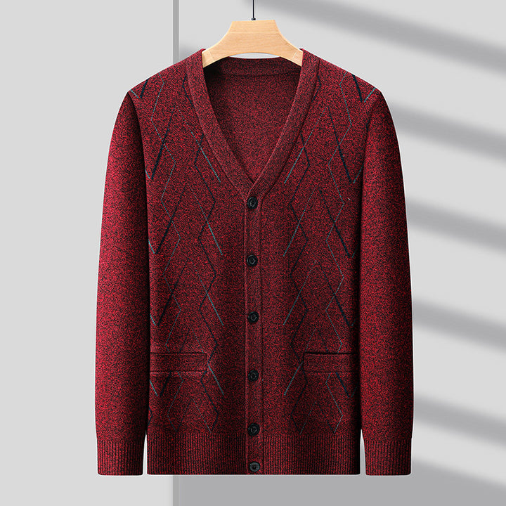 Men's Cardigan with Deep V-Neck and Elegant Diamond Pattern Lisslune